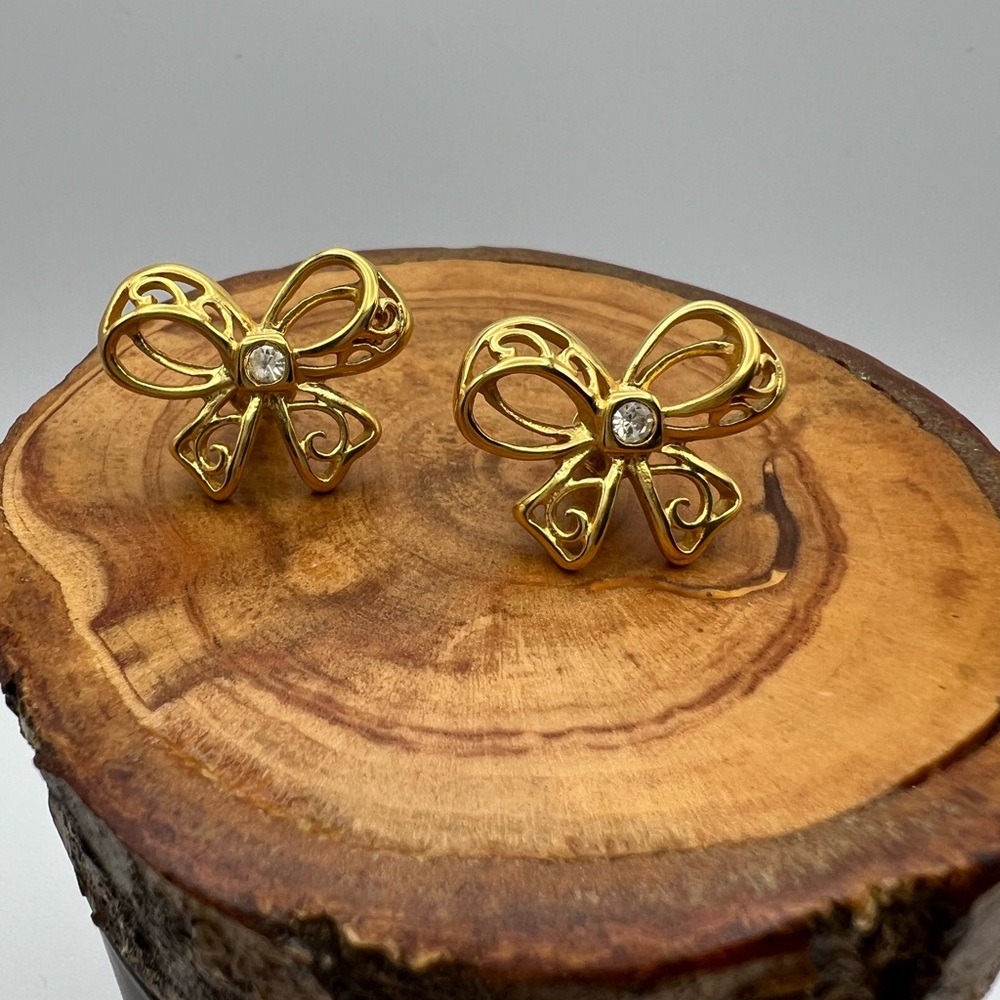 Gold Tone Bow Earrings with Rhinestones